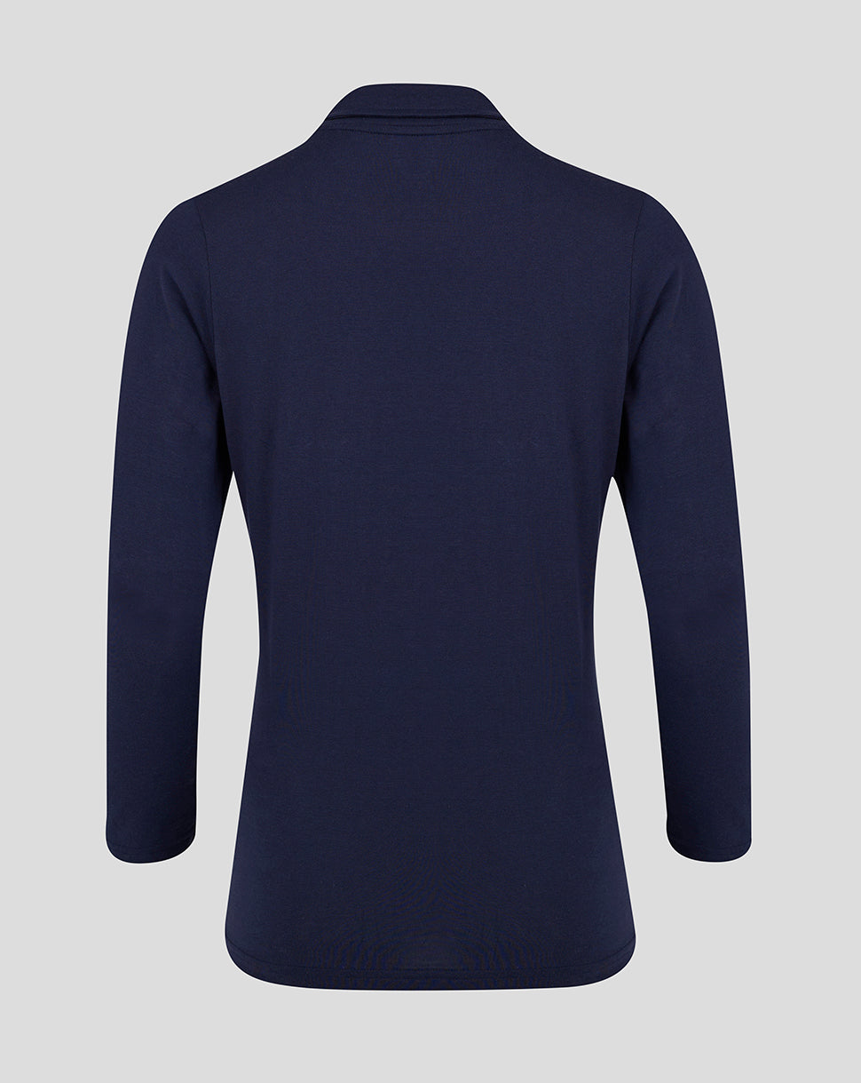 Back view of navy long sleeve leisure polo top for women in peacoat color