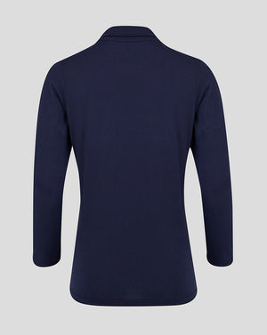 Back view of navy long sleeve leisure polo top for women in peacoat color
