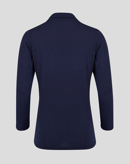 Back view of navy long sleeve leisure polo top for women in peacoat color
