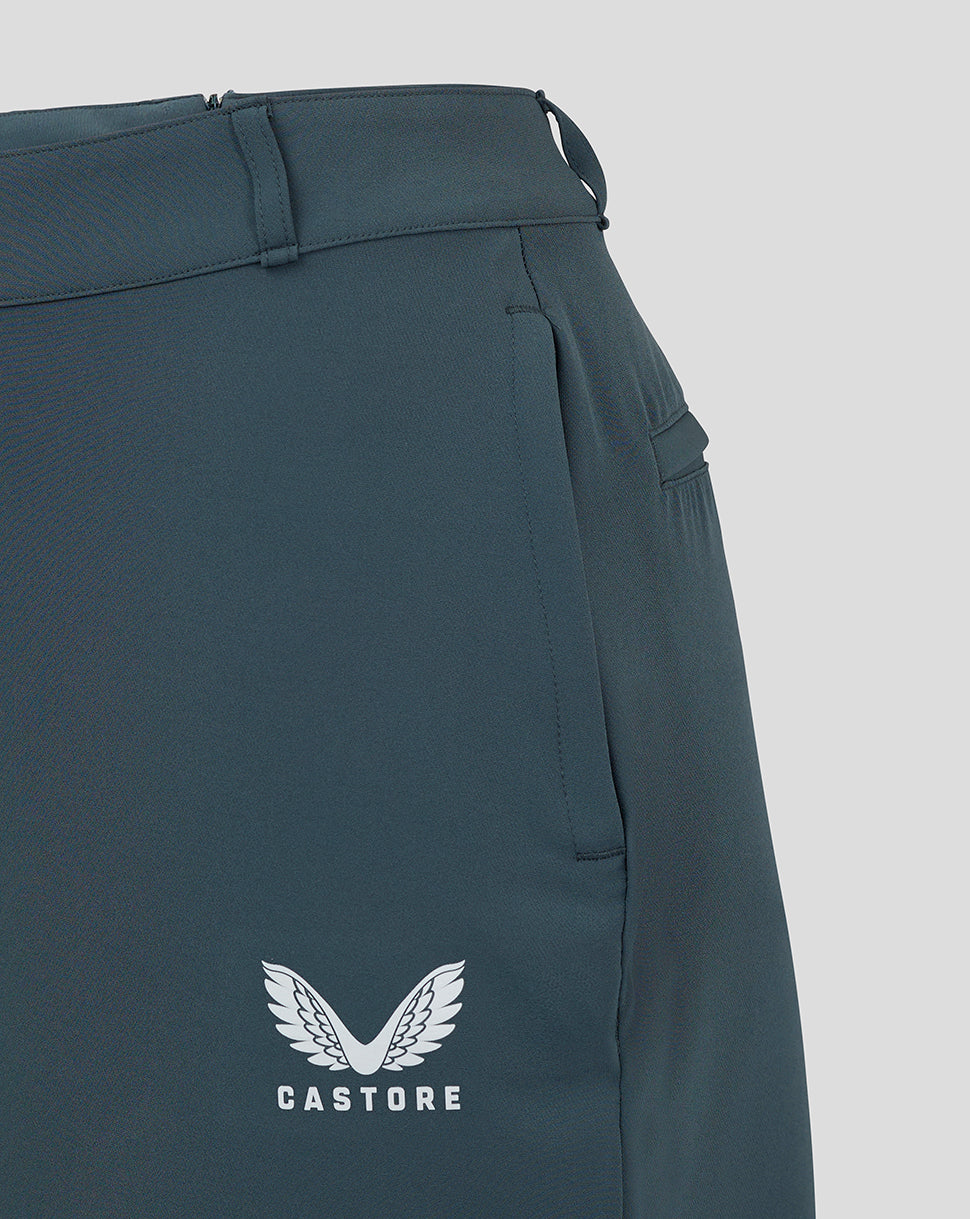 Close up of waistband with belt loop and back zipper on the dark slate Womens Chino Skirt.