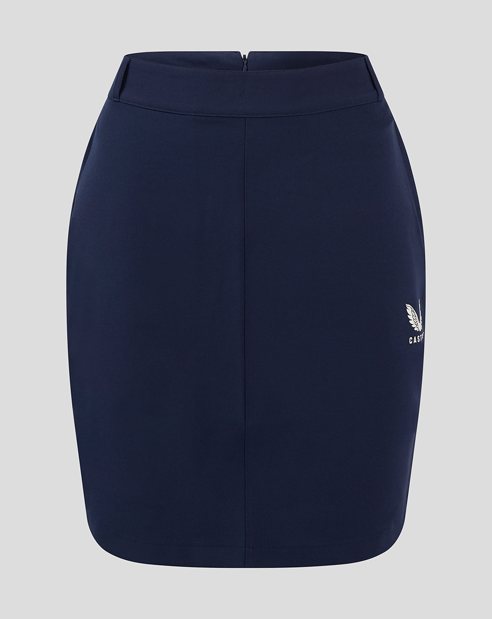 Navy Womens Chino Skirt with high waistband and crest logo at the hem