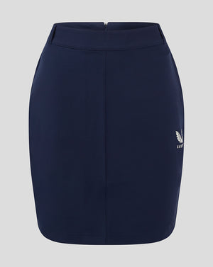 Navy Womens Chino Skirt with high waistband and crest logo at the hem