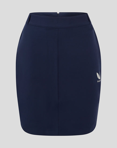 Navy Womens Chino Skirt with high waistband and crest logo at the hem