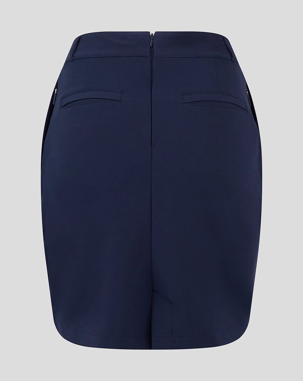 Back view of navy Womens Chino Skirt with center seam and two back welt pockets