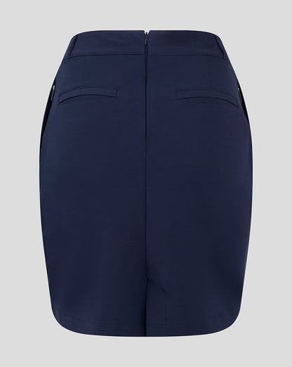 Back view of navy Womens Chino Skirt with center seam and two back welt pockets