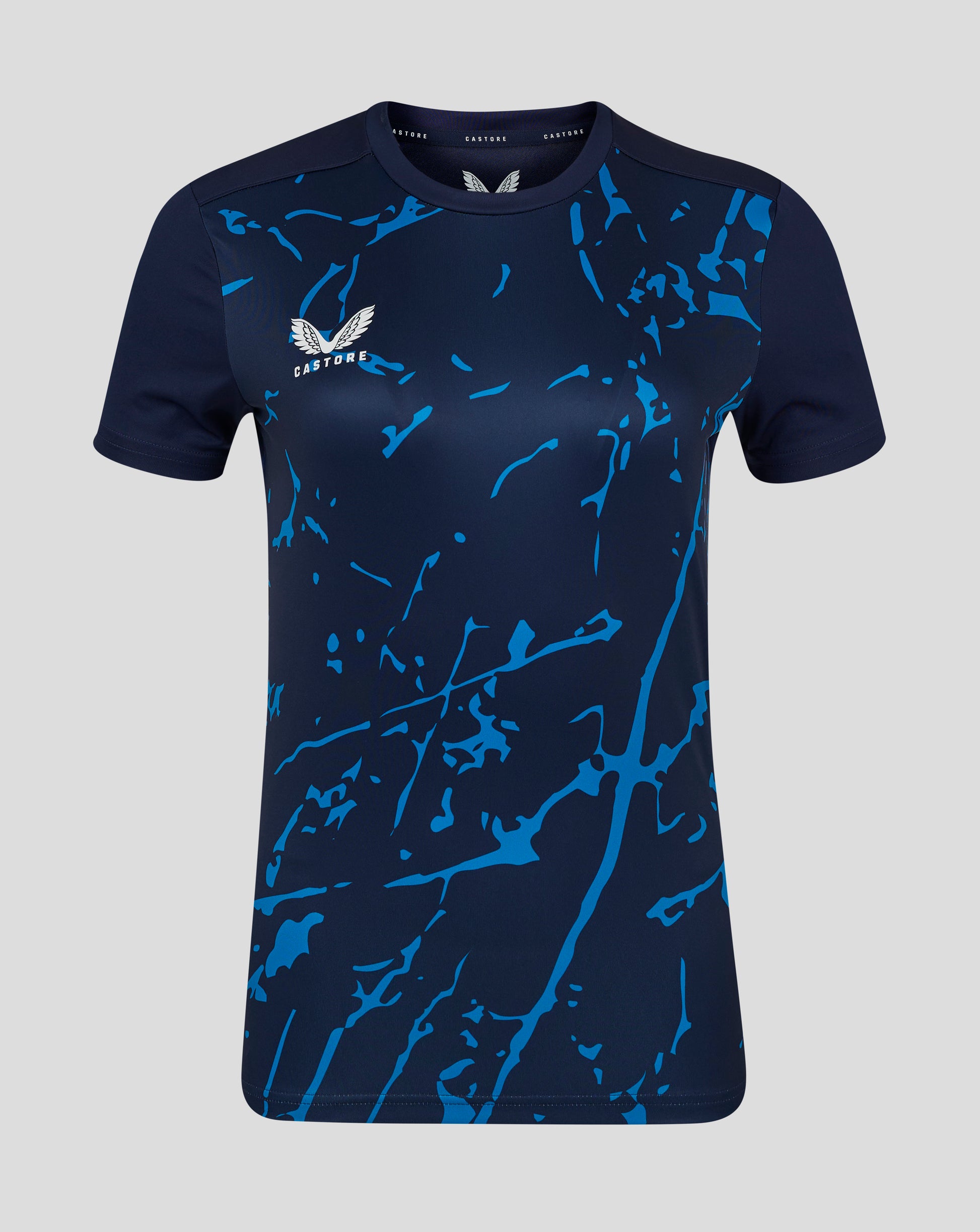 Front view of navy Womens Marble Performance Tee with blue abstract pattern and Castore logo on chest