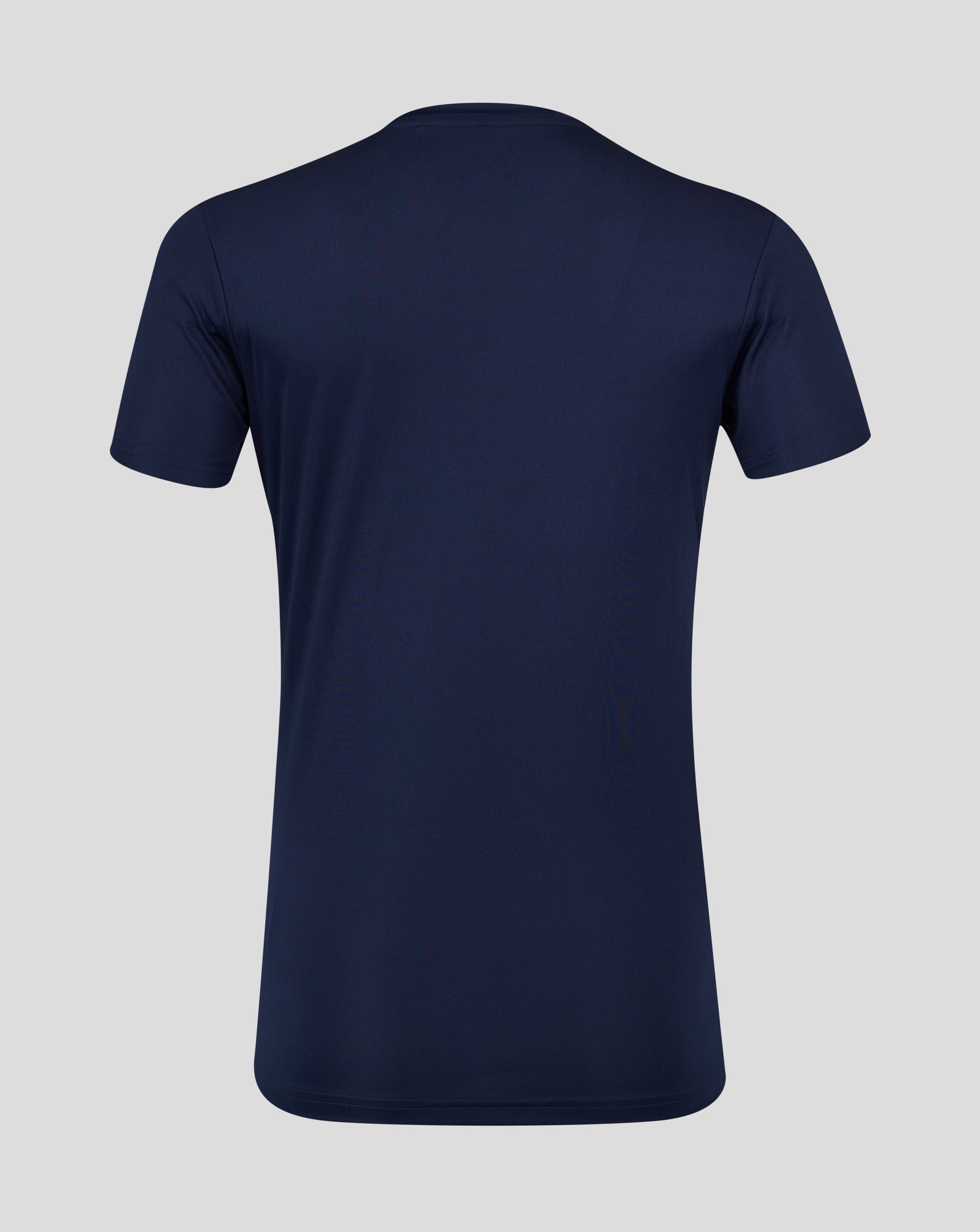 Back view of navy Marble Performance Tee with solid back panel