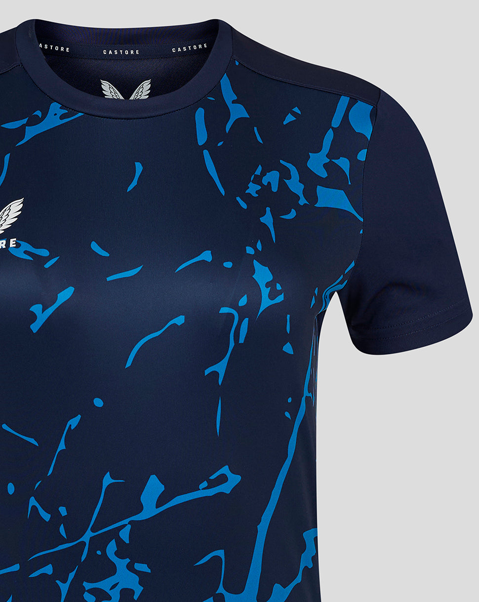 Womens Marble Performance Tee in Peacoat with blue marble print and Castore logo on the chest