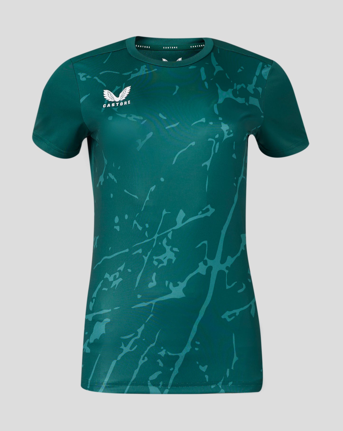 Teal marble print performance tee with short sleeves and Castore logo on the chest