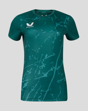 Teal marble print performance tee with short sleeves and Castore logo on the chest