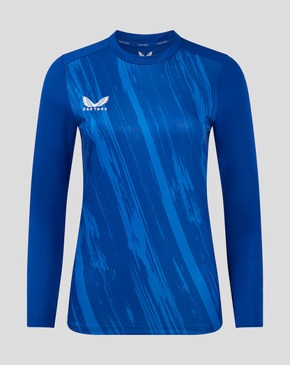 Victoria Blue long sleeve T-shirt with abstract wave pattern and Castore logo on the chest