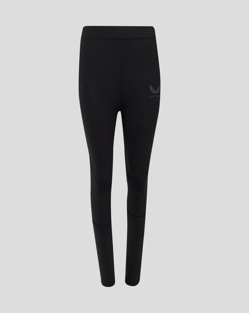 Back view of black Baselayer Legging with folded waistband and Castore logo at the hip