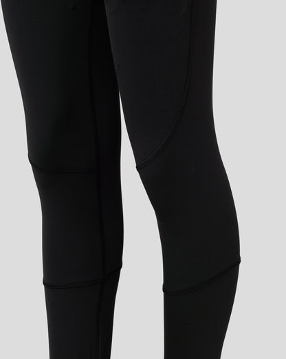 Close up of black Baselayer Legging fabric showing paneling and flatlock seams