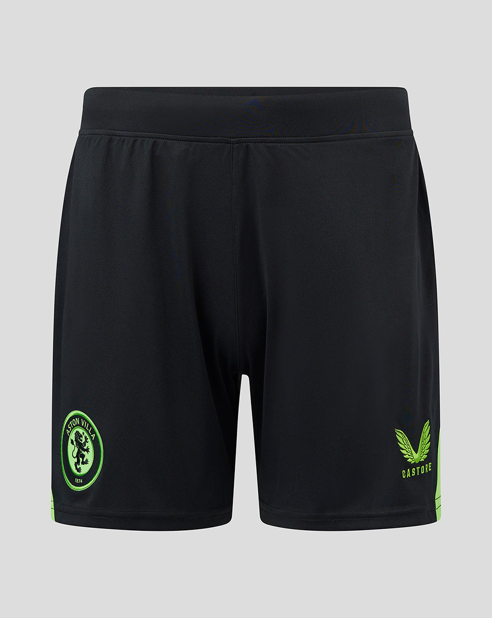 Front view of black Aston Villa goalkeeper shorts with neon lime side trim and the club crest on the left leg