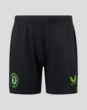 Front view of black Aston Villa goalkeeper shorts with neon lime side trim and the club crest on the left leg