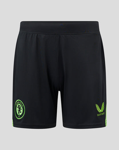 Front view of black Aston Villa goalkeeper shorts with neon lime side trim and the club crest on the left leg