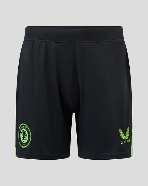 Front view of black Aston Villa goalkeeper shorts with neon lime side trim and the club crest on the left leg