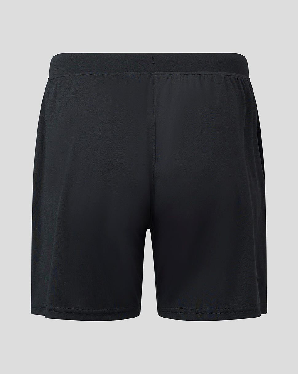 Back view of black Aston Villa goalkeeper shorts with neon lime side stripe and a wide elastic waistband