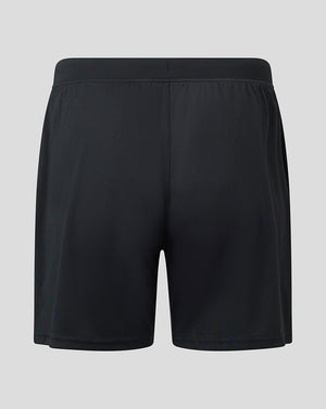 Back view of black Aston Villa goalkeeper shorts with neon lime side stripe and a wide elastic waistband