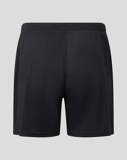 Back view of black Aston Villa goalkeeper shorts with neon lime side stripe and a wide elastic waistband