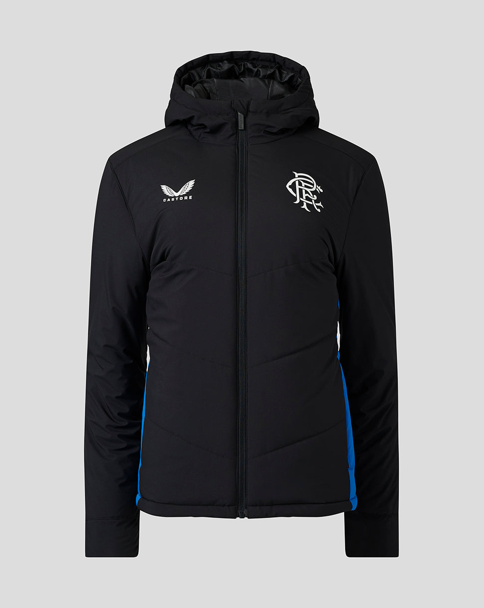 Front view of black Rangers matchday bench jacket with hood and blue side panels, club crest on chest