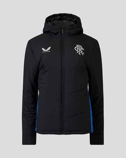 Front view of black Rangers matchday bench jacket with hood and blue side panels, club crest on chest