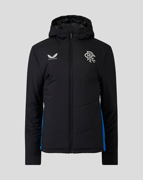 Front view of black Rangers matchday bench jacket with hood and blue side panels, club crest on chest