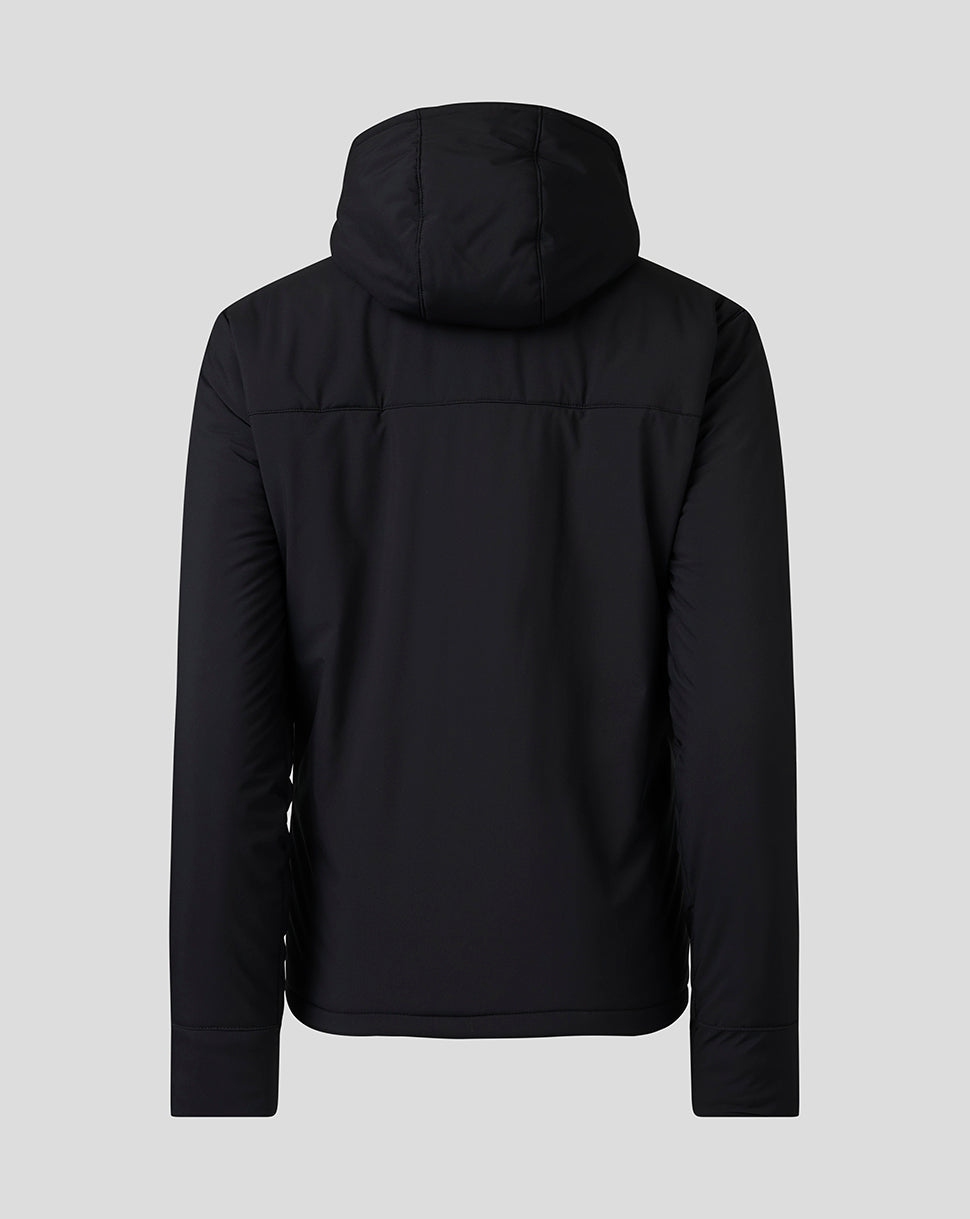 Back view of black Rangers players matchday bench jacket with hood