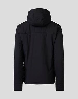 Back view of black Rangers players matchday bench jacket with hood