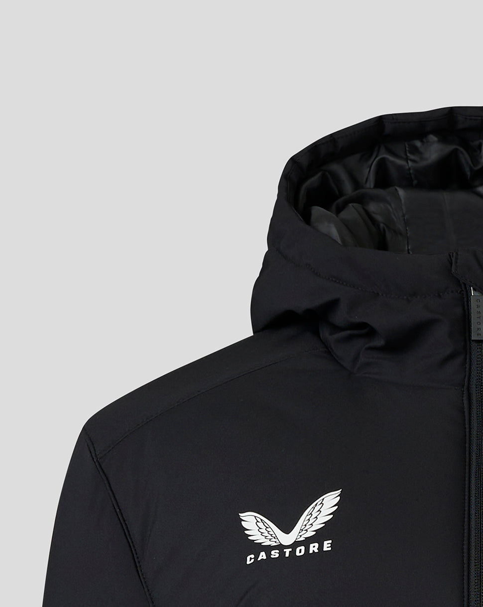 Close up of black women's Rangers bench jacket with hood, white club crest on the chest and Castore branding on the opposite chest.