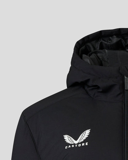 Close up of black women's Rangers bench jacket with hood, white club crest on the chest and Castore branding on the opposite chest.