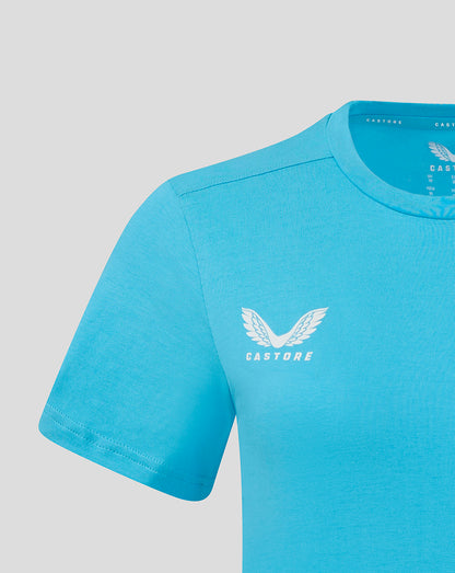 Close-up of Aquarius turquoise T-shirt showing the white wing logo on the left chest.