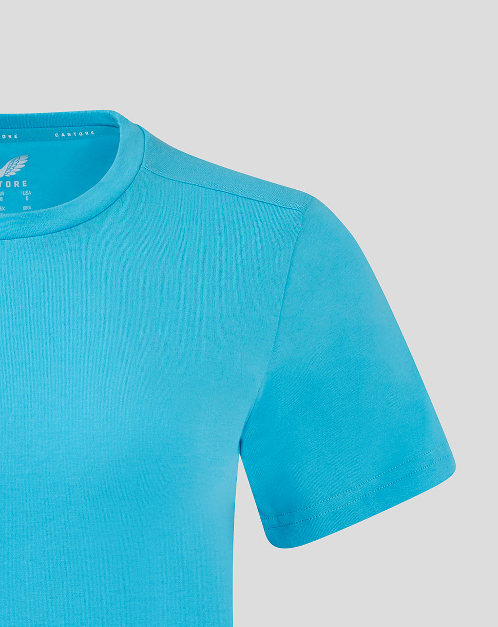 Turquoise crew neck short sleeve T-shirt close-up of the shoulder