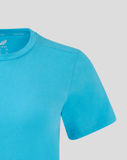 Turquoise crew neck short sleeve T-shirt close-up of the shoulder