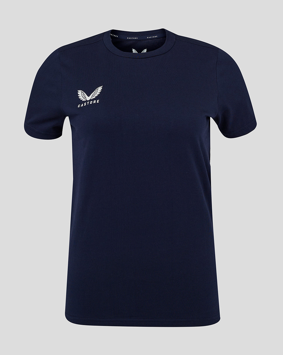 Navy women's cotton leisure tee with white Castore logo on left chest
