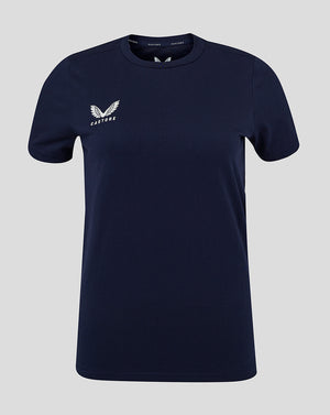 Navy women's cotton leisure tee with white Castore logo on left chest