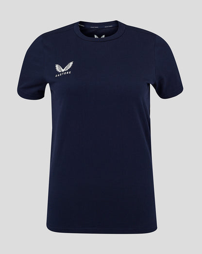 Navy women's cotton leisure tee with white Castore logo on left chest