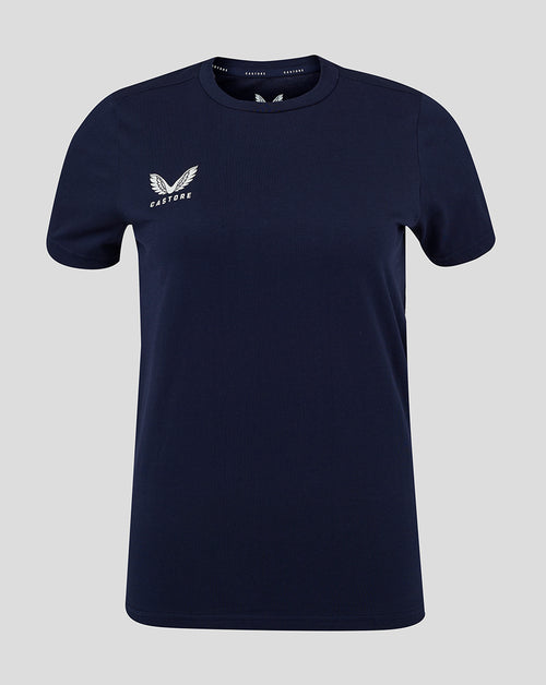 Navy women's cotton leisure tee with white Castore logo on left chest