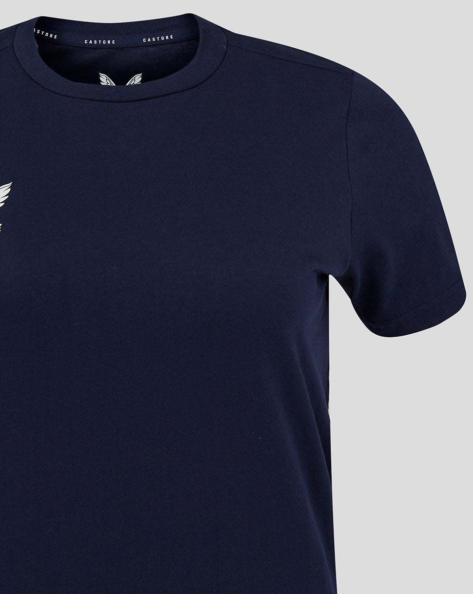Navy cotton leisure tee neckline close-up showing Castore branding along the collar