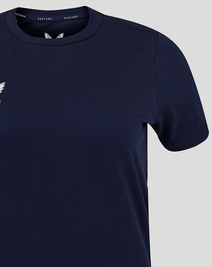 Navy cotton leisure tee neckline close-up showing Castore branding along the collar