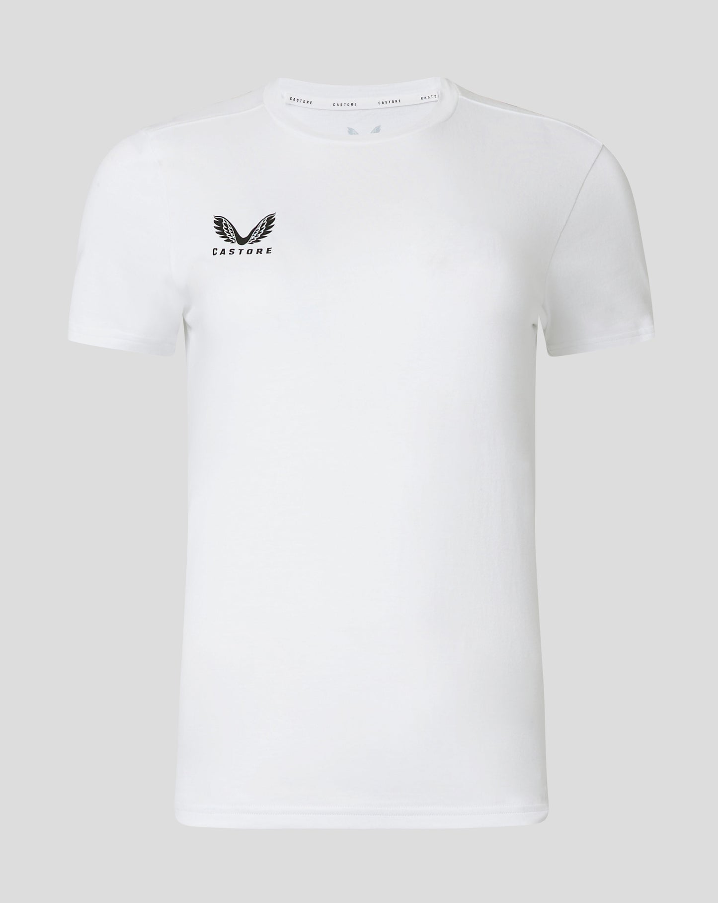 Brilliant white cotton leisure tee front view with Castore logo on the left chest.