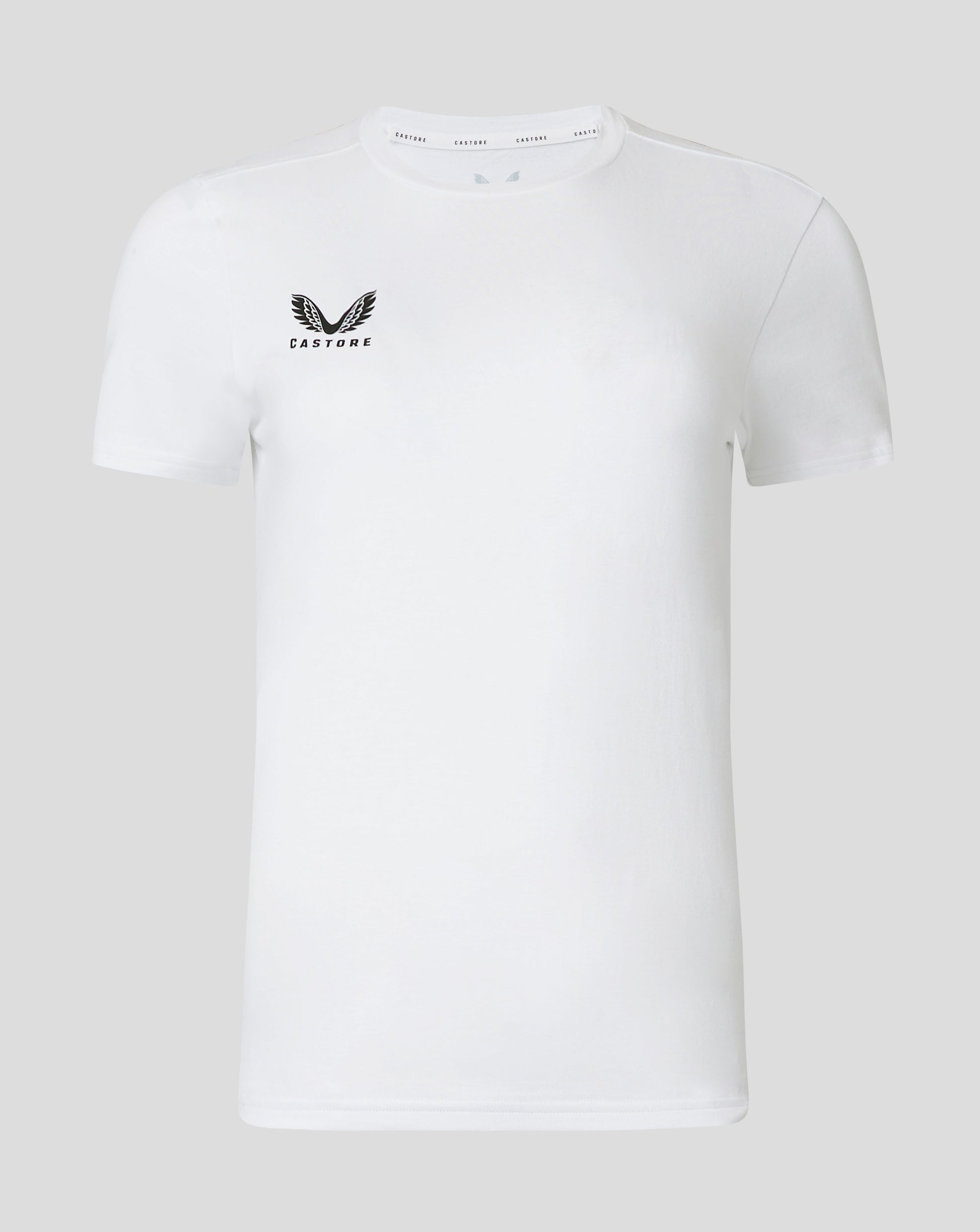 Brilliant white cotton leisure tee front view with Castore logo on the left chest.