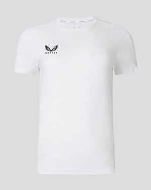 Brilliant white cotton leisure tee front view with Castore logo on the left chest.
