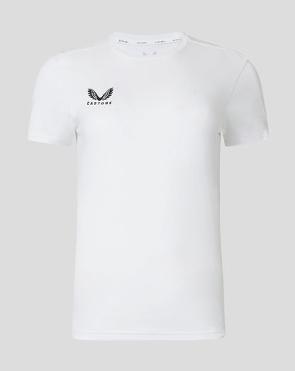 Brilliant white cotton leisure tee front view with Castore logo on the left chest.