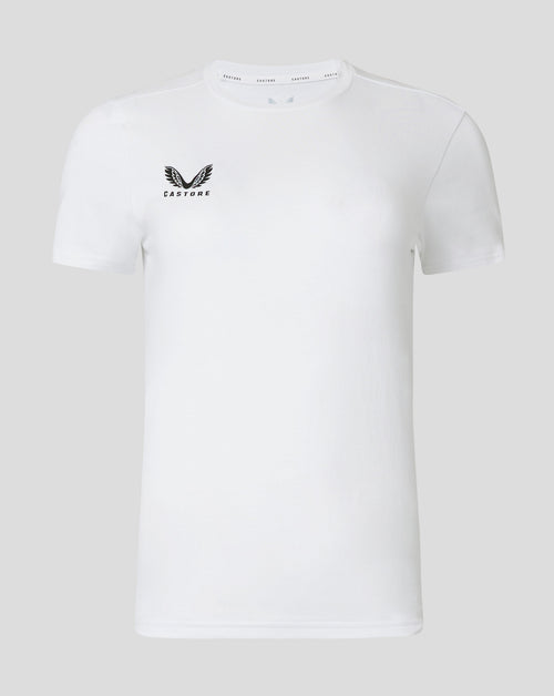 Brilliant white cotton leisure tee front view with Castore logo on the left chest.