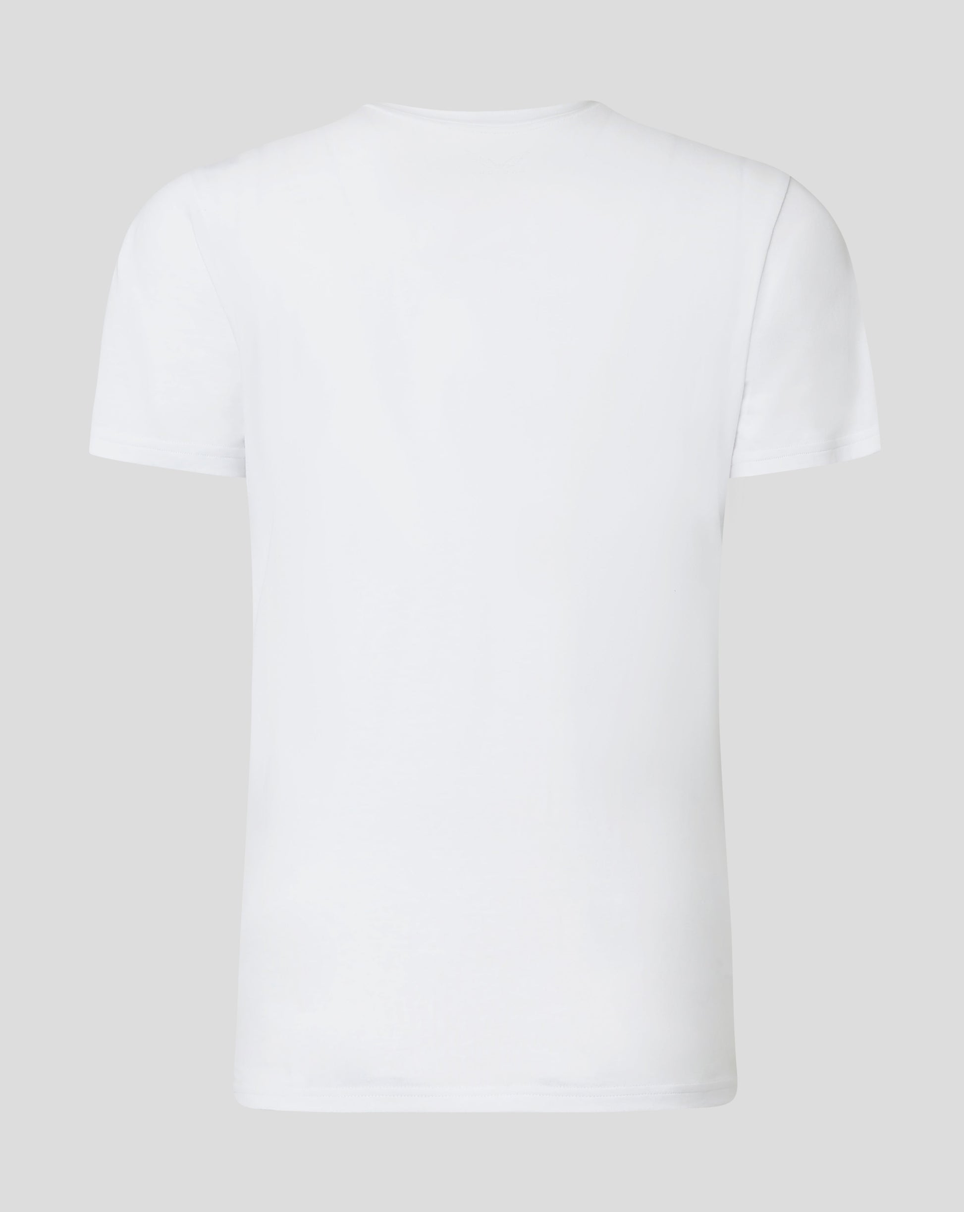 Back of neck on white tee with Castore logo tape along the collar.