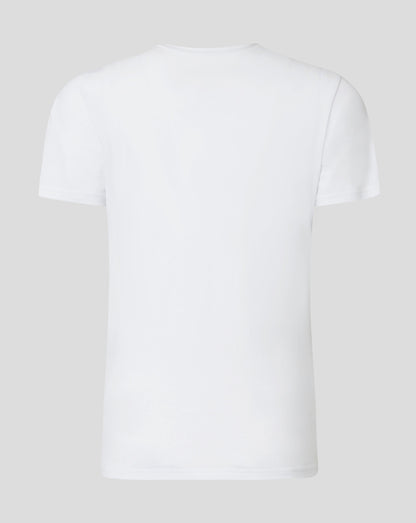 Back of neck on white tee with Castore logo tape along the collar.