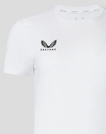 White cotton leisure tee featuring a black winged Castore emblem on the left chest and Castore branding along the collar trim.