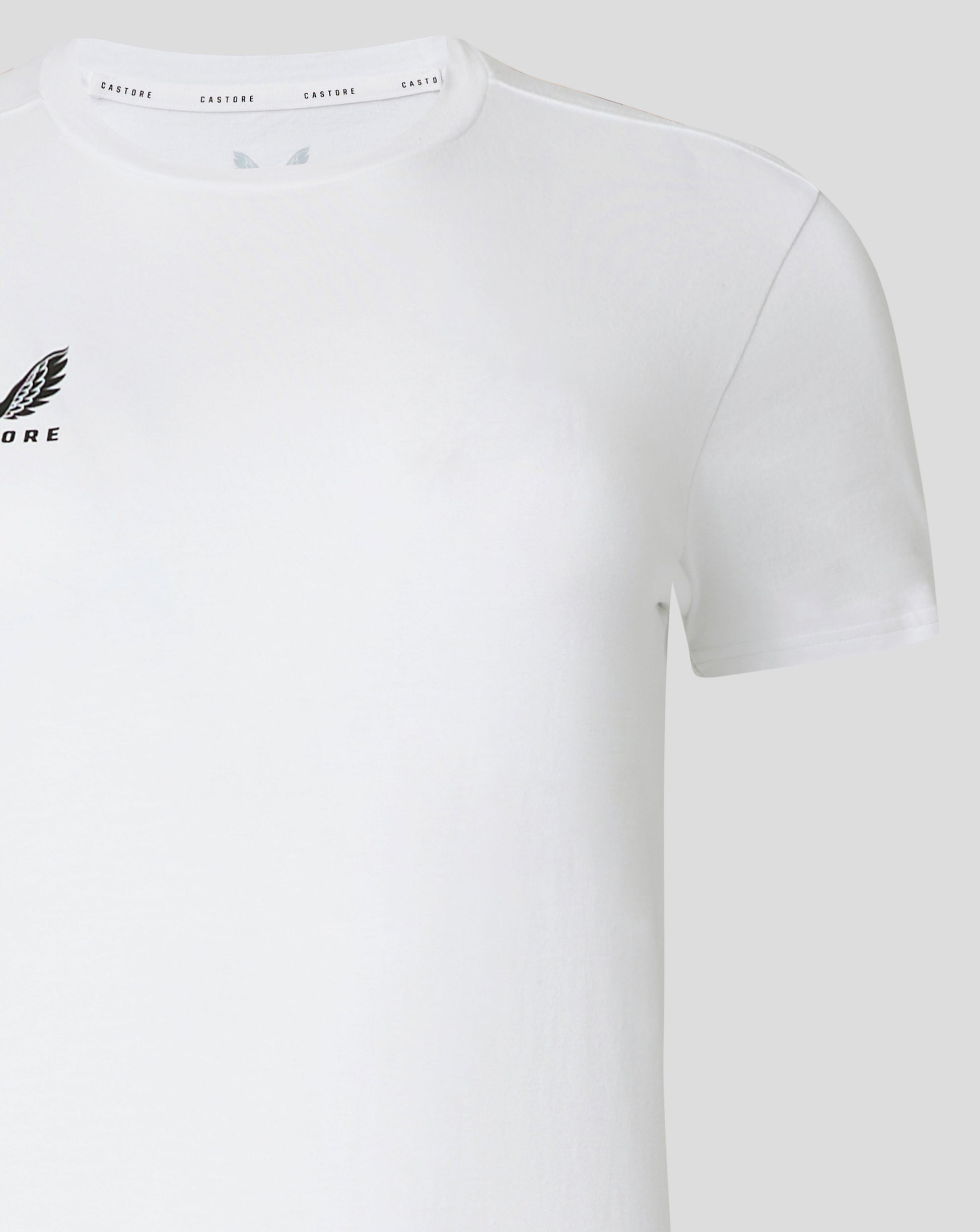 Back view of white cotton tee with a faint Castore logo near the neckline.