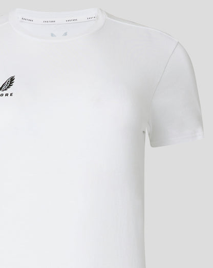 Back view of white cotton tee with a faint Castore logo near the neckline.